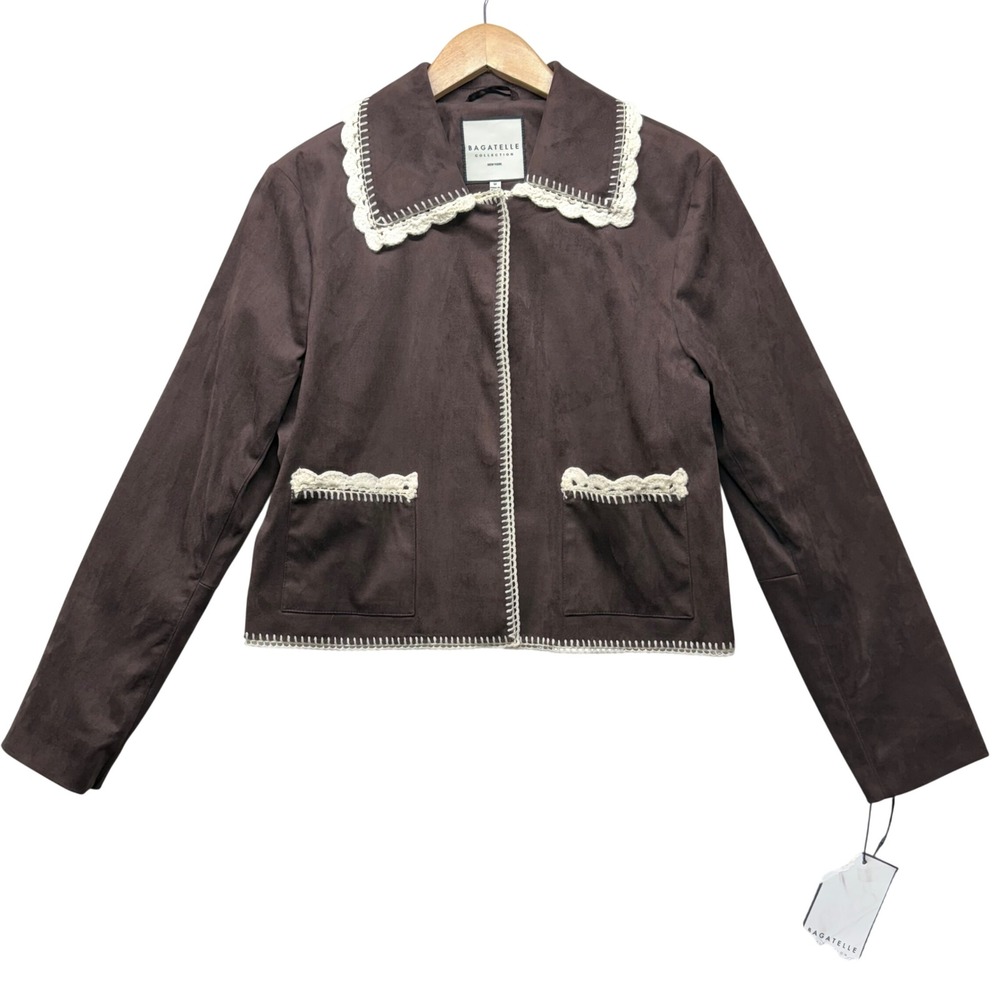 Bagatelle Collection Brown Faux Suede Crochet Trim Jacket Cottagecore Coat 85110 - Picture 1 of 15